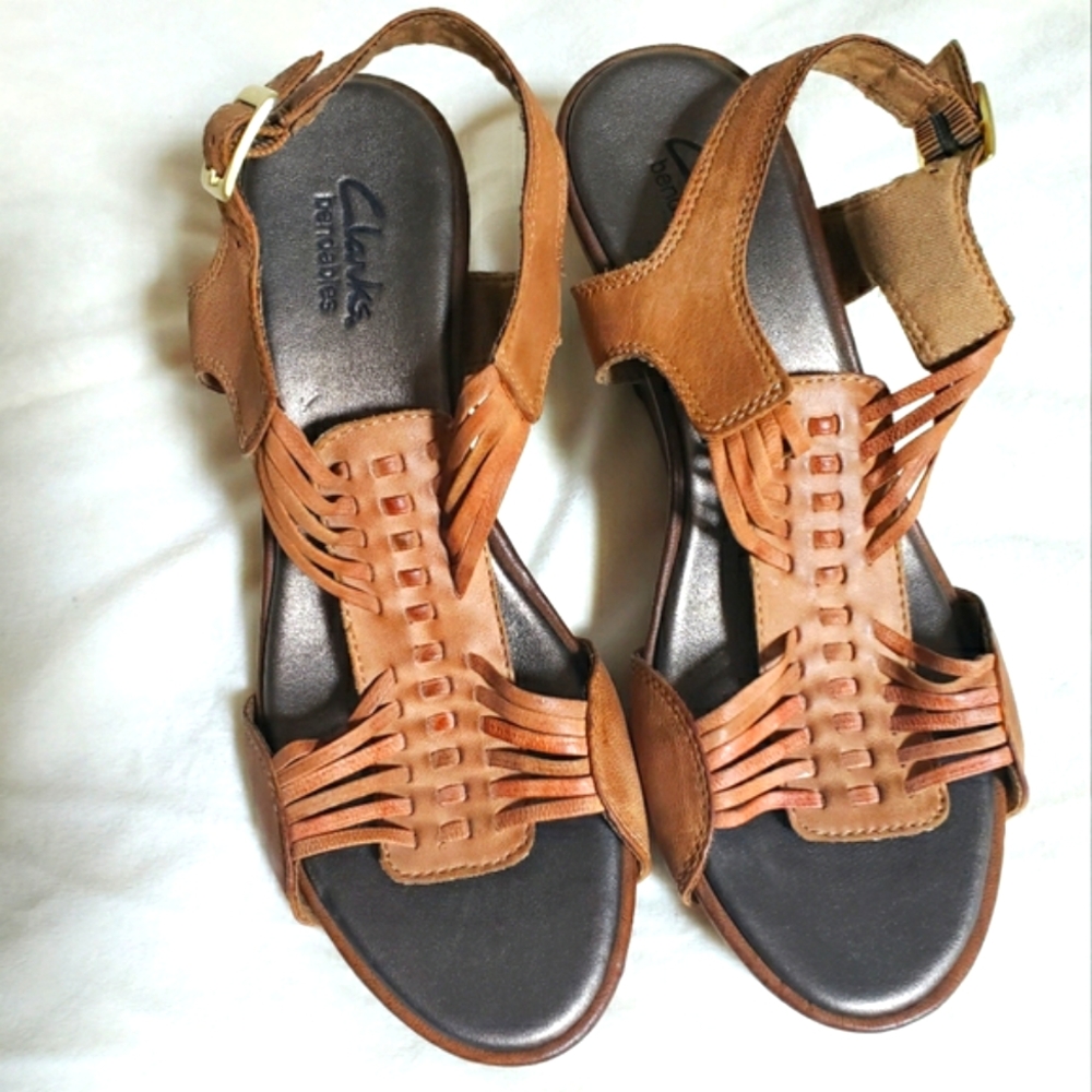 NWT Clarks bendables platform wedge mule tan leather woven wrap sandals